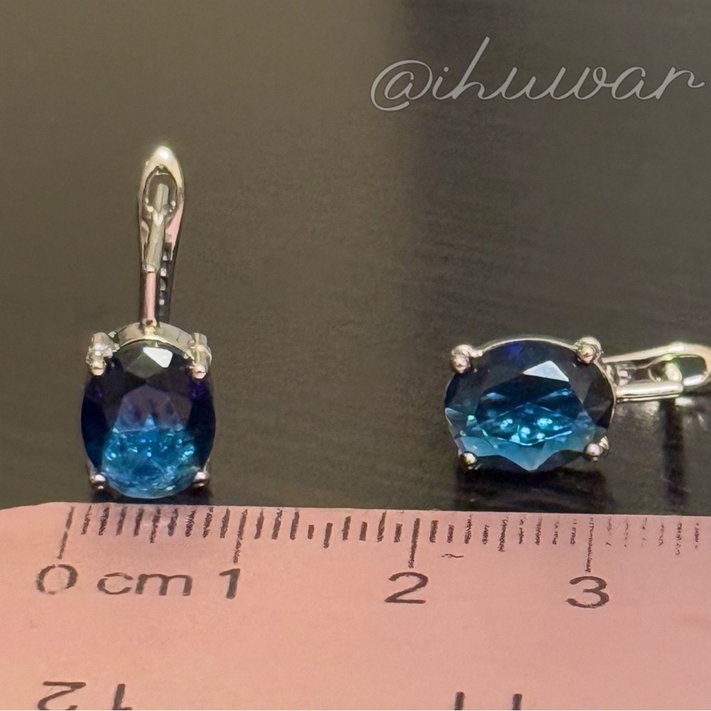 Oval Blue Diamond  925 Sterling Sliver earrings - Picture 8 of 12